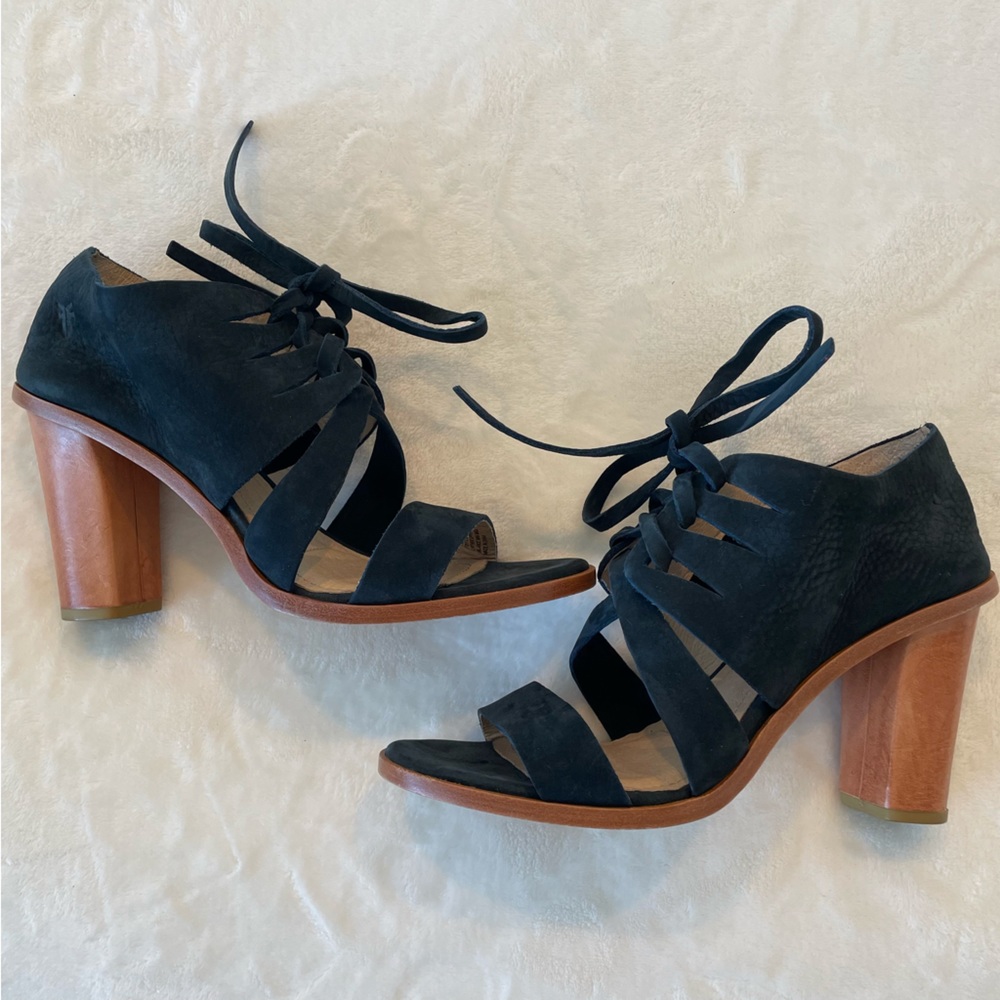 Frye Sofia Navy Suede Lace Up Block 4”Heel Sandal… - image 1